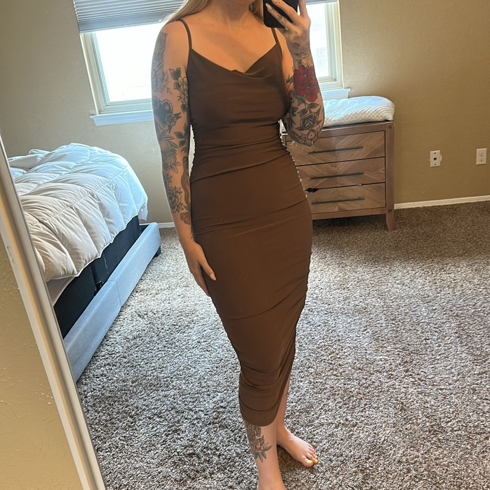 Brown Ruched Maxi Dress